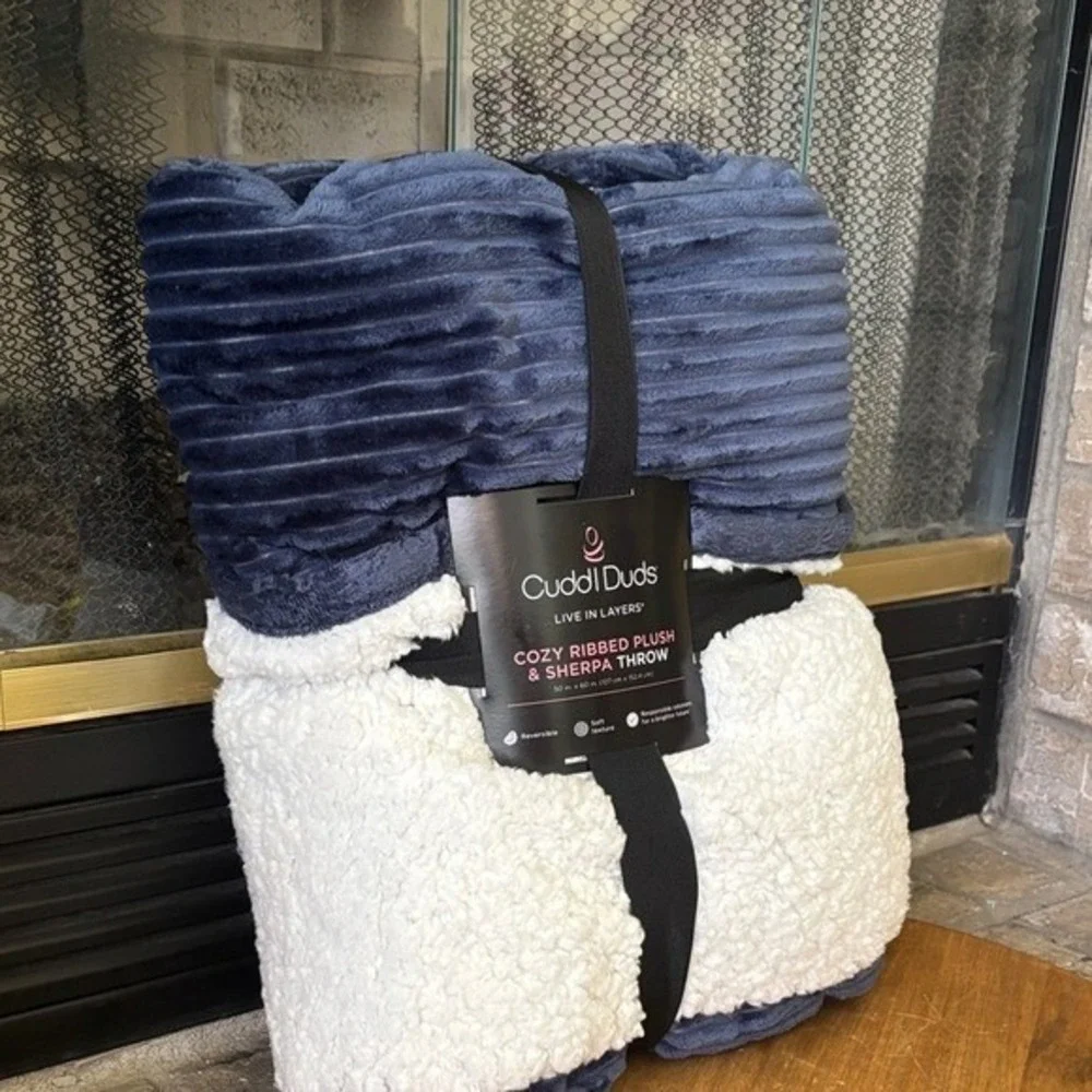 Cuddl Duds Cozy Ribbed Plush Sherpa Throw Blanket Navy Blue 50
